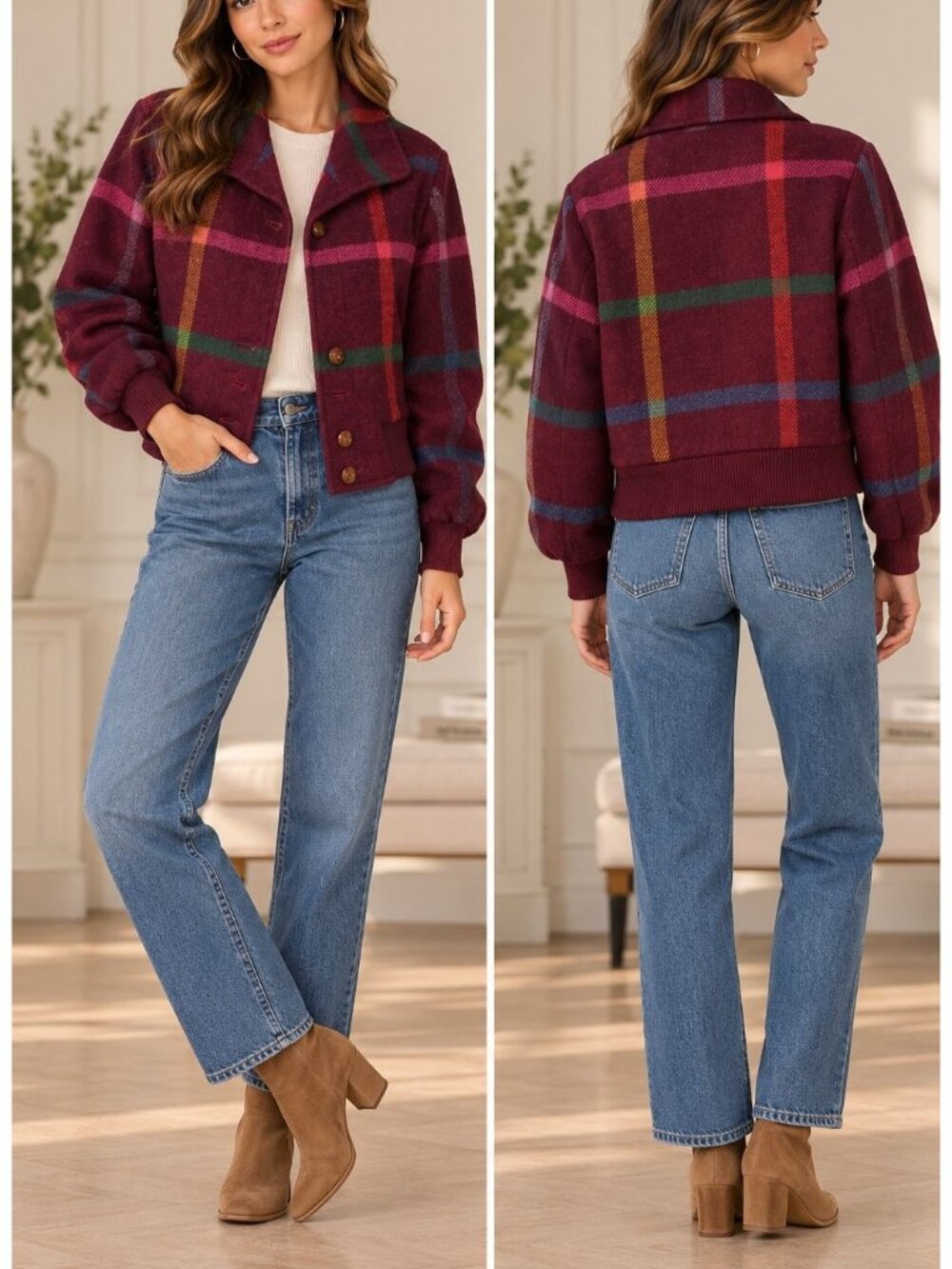 Bogner Vintage Plaid Wool Jacket Cropped Burgundy Multicolor Winter Coat